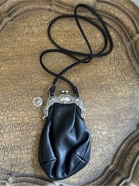 Black Brighton Leather Crossbody Pouch with Ornate Silver Frame